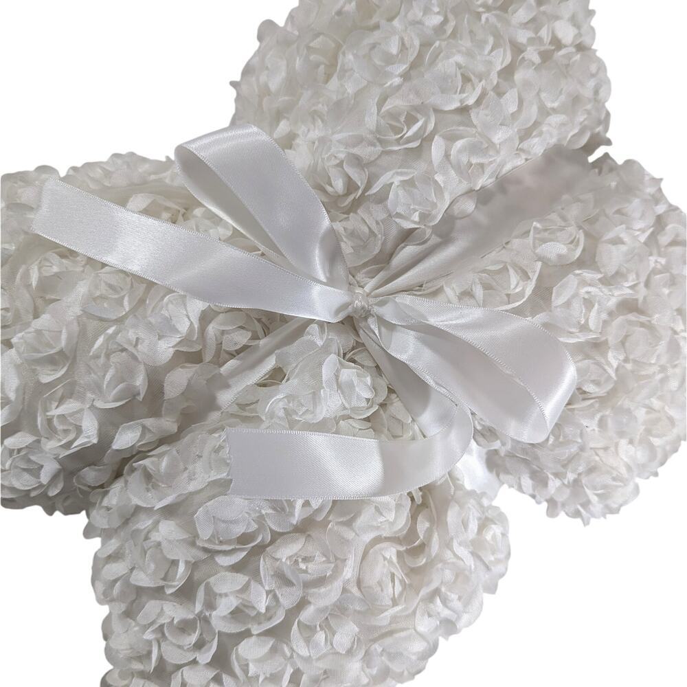 LUSH DECOR! CREAM RIBBON EMBROIDERED POUFY ROSETTES PLUSH SHOWER CURTAIN!